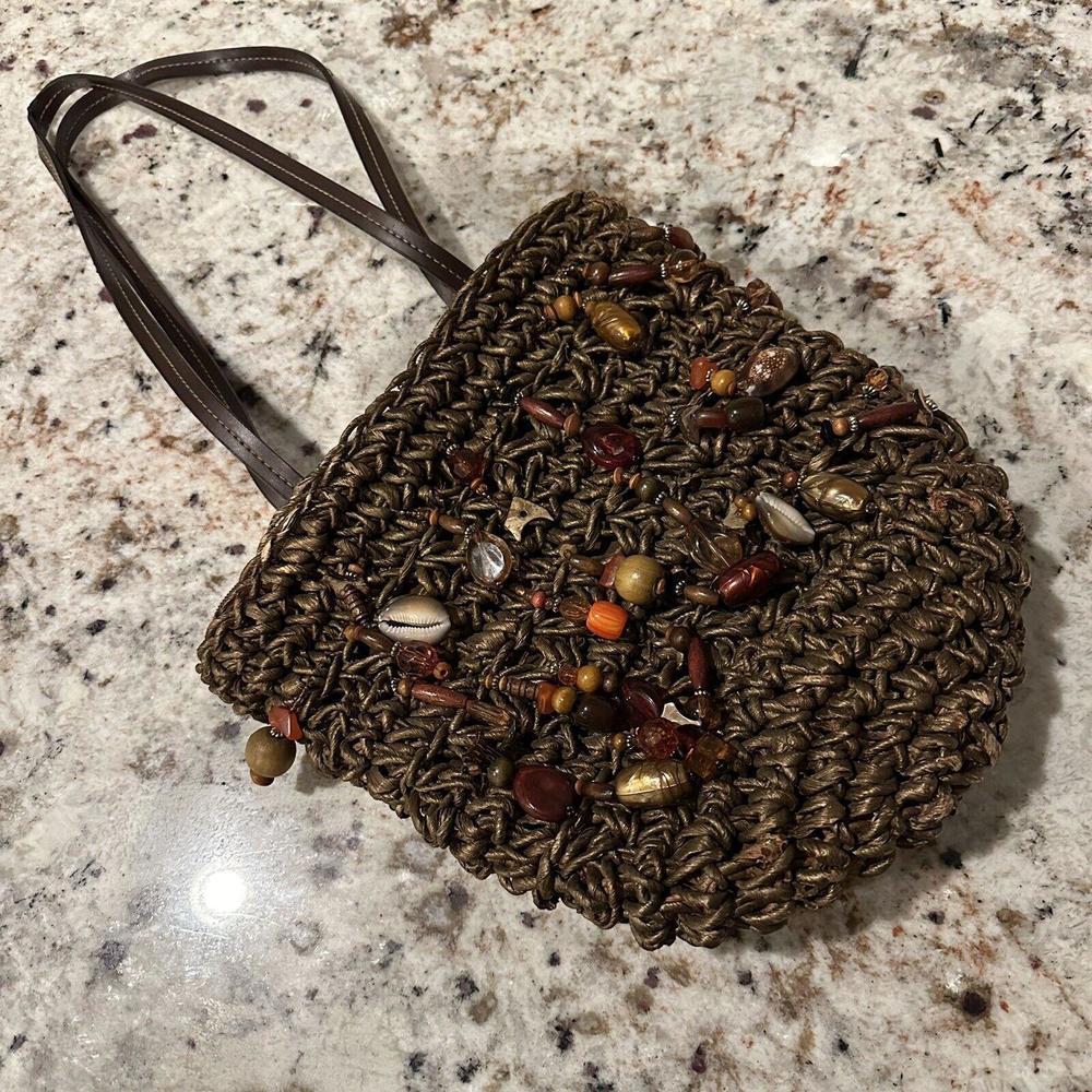 Cappelli Straworld Brown Straw Women’s Handbag Purse Bead & Seashell Dangles